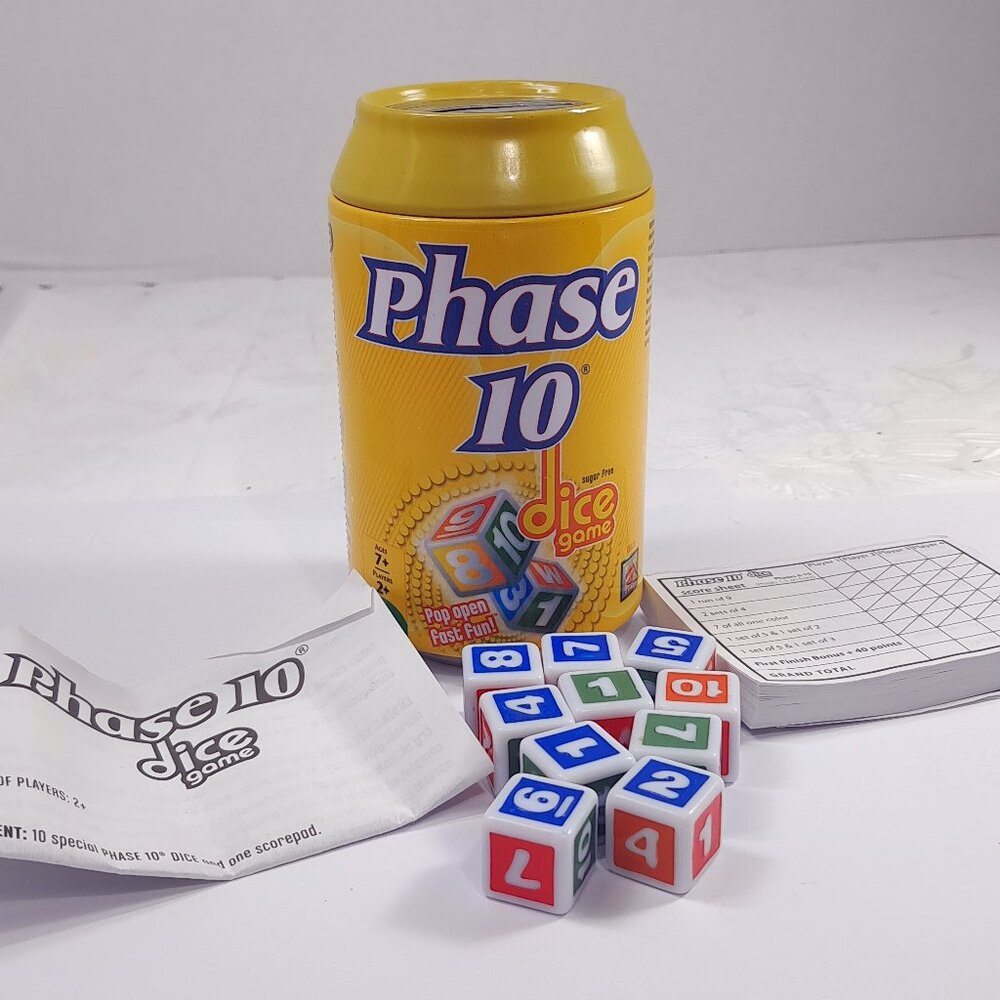Phase 10 Dice Game soda pop Can Dice yellow Score Pad Instructions Family Mattel